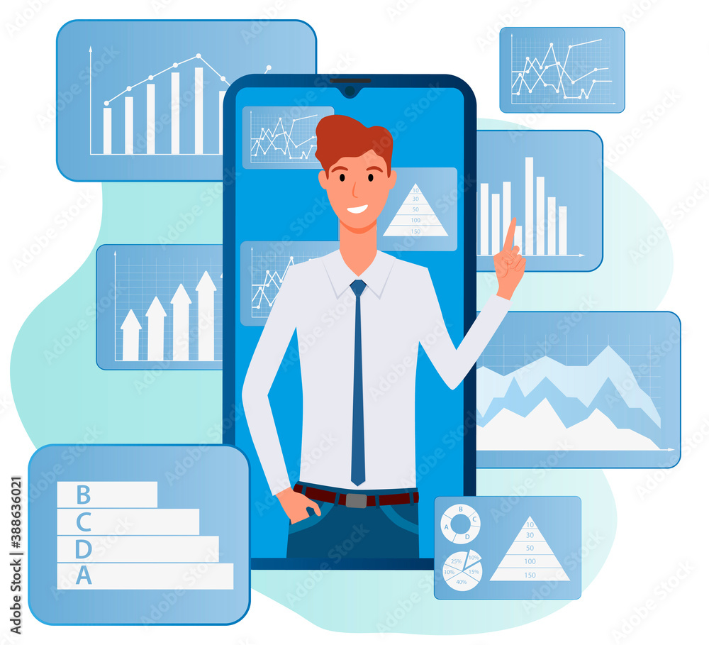 Market Analytics.The businessman is involved in assessing market opportunities.Businessman and smartphone on the background of infographics.Flat vector illustration isolated on a white background. Market Analytics.The businessman is involved in assessing market opportunities.Businessman and smartphone on the background of infographics.Flat vector illustration isolated on a white background.