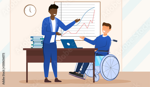 Disabled people self realization concept. Handicapped man in wheelchair working with colleague in office. People discussing business graph. Flat cartoon vector illustration with fictional characters