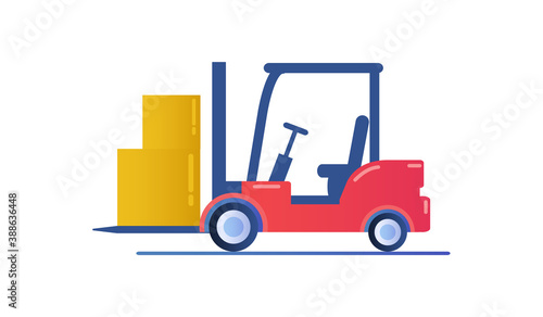 Forklift truck isolated on white background. Industrial forklift for branding and advertising. Transport for stock logistics. Flat cartoon vector illustration.