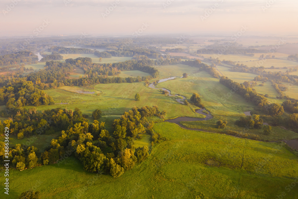 Sunlit riparian forest growing around meadow with a river from aerial perspective. Early morning atmosphere with mist in distance of summer nature scenery from drone.