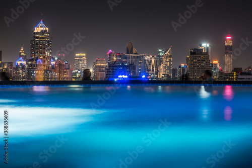 Cityscape of Bangkok with Skyscrapers as Seen from Roof Top with Swimming Pool