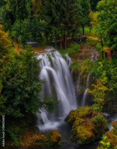 Waterfall Hrvoje in Village of Rastoke river canyon  Slunj  Croatia. August 2020. Long exposure picture.