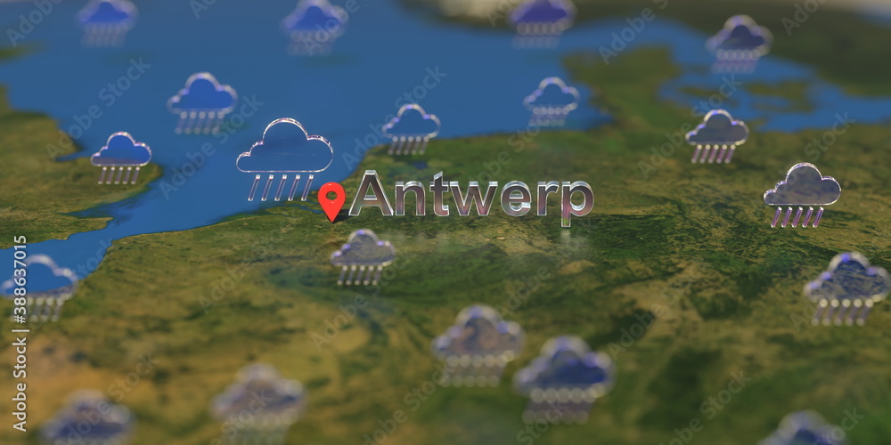 Rainy weather icons near Antwerp city on the map, weather forecast related 3D rendering Rainy weather icons near Antwerp city on the map, weather forecast related 3D rendering
