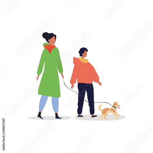 Mother and little child walking with dog. Concept of motherhood, love and relationships. Flat cartoon vector illustration with fictional chatacters isolated on white background