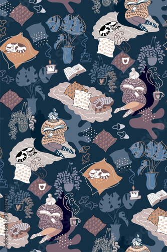 Seamless pattern with relaxed woman at evening home interior with cute sleeping cat, home plants and cup of tea. Cozy reading with candle in hygge mood. Cartoon flat doodle style drawn by hand.