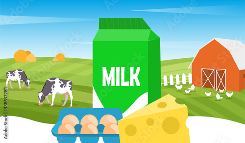 Concept of organic products. Cow and chicken grazing on green field near barn. Ecological agriculture. Natural products of cheese, eggs and milk. Flat cartoon vector illustration photo