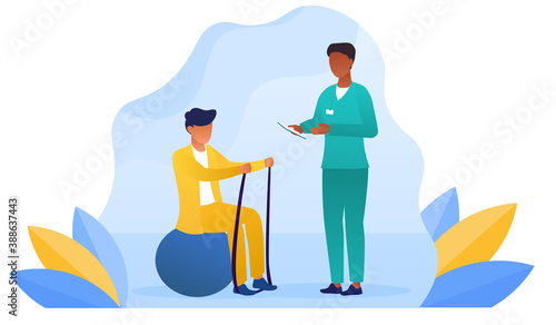 Disabled man at orthopedic rehabilitation therapy at clinic. Doctor examining patient doing exercises on the ball. Concept of disabled rehabilitation, physiotherapy. Flat cartoon vector illustration