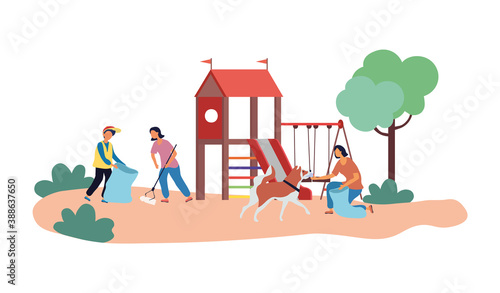 Volunteers Cleaning Child Playground from Garbage. Women and Man Putting Trash into Bags for Recycling. Nature and Environment Protection. Vector Flat Cartoon Illustration