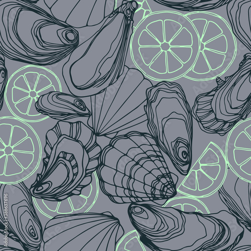 seamless pattern of oysters in the shell, scallops, lemon, delicious seafood, menu decoration, vector illustration with color contour lines on a grey background in a doodle & hand drawn style