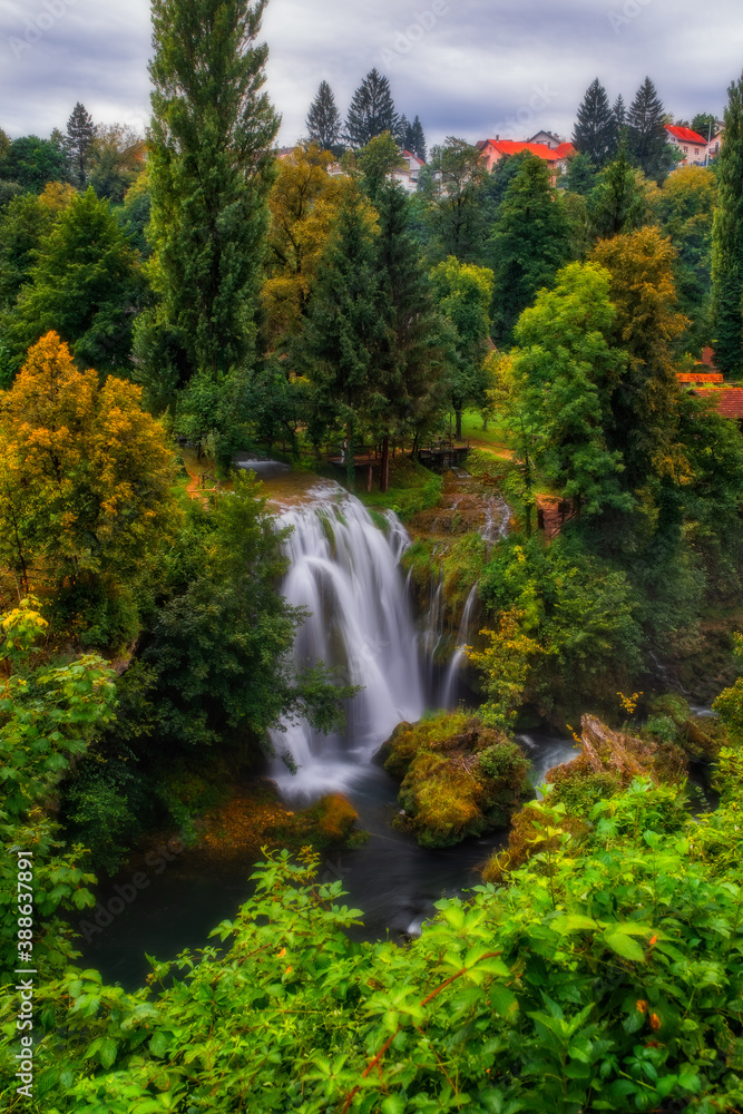 Waterfall Hrvoje in Village of Rastoke river canyon, Slunj, Croatia. August 2020. Long exposure picture.