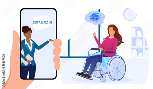 Online psychologist concept. Disabled woman in wheelchair receive professional psychology consultation. Depression, sadness, mental health. Medical, online, help service. Flat vector illustration