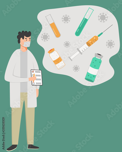 Cartoon flat doctor research coronavirus vaccine. Scientist in mask do experiments and think about syringe, vial, falcon, handle notebook. Pandemic vaccination people, treatment illness.