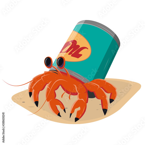 funny cartoon hermit crab in a can