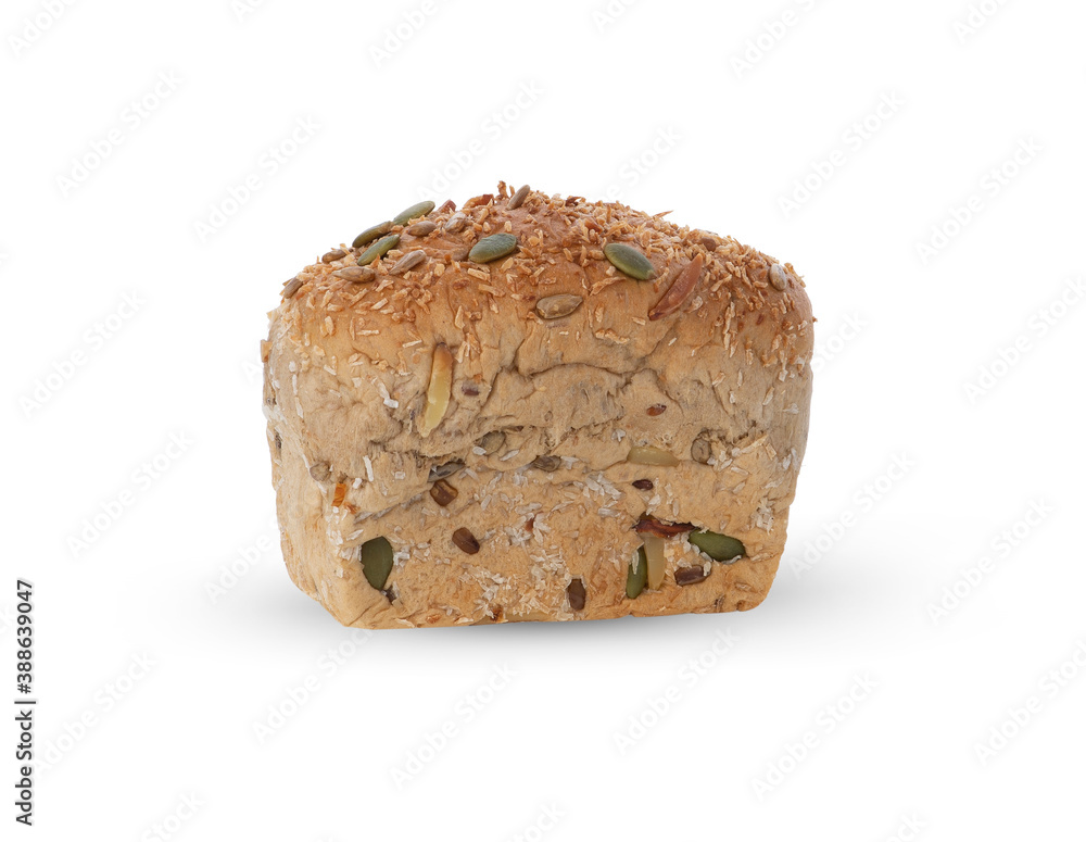 Whole grain bread on white background.