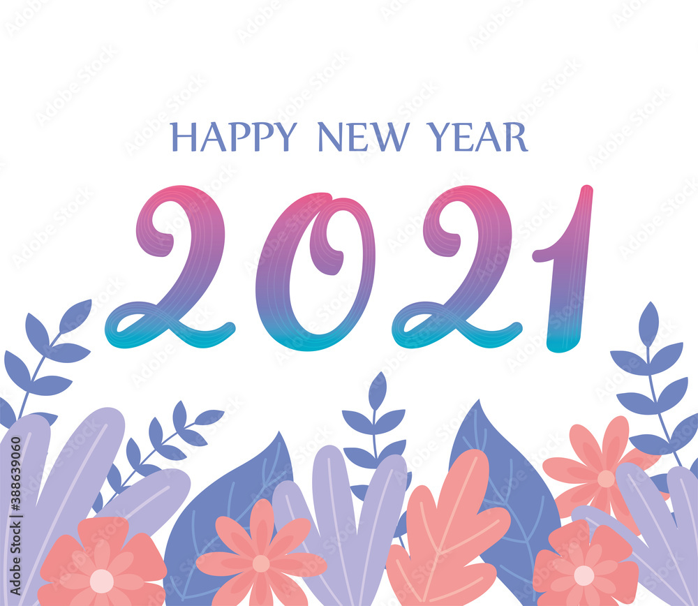 Obraz premium 2021 happy new year, floral greeting card number and flowers decoration