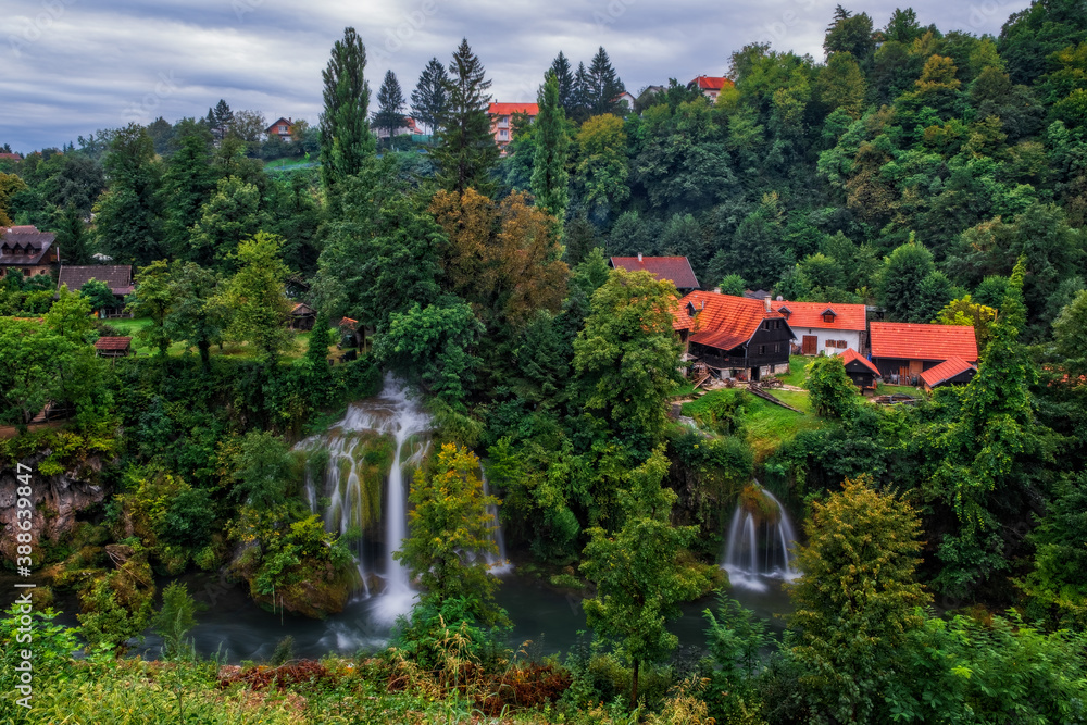 Waterfall Vilina Kosa. RASTOKE, CROATIA - august.2020. - Ethno village Rastoke in Croatia is located in the town of Slunj close to Plitvice lakes. Rastoke is known for its water powered mechanical Waterfall Vilina Kosa. RASTOKE, CROATIA - august.2020. - Ethno village Rastoke in Croatia is located in the town of Slunj close to Plitvice lakes. Rastoke is known for its water powered mechanical