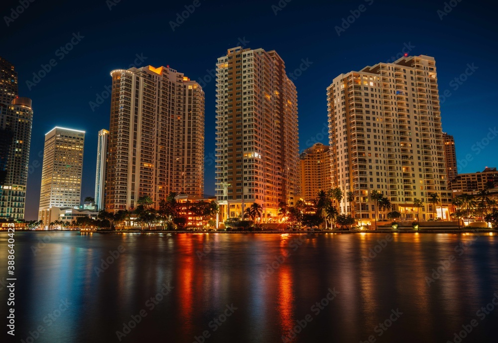 country skyline at night city buildings Brickell key florida  miami building  reflections 