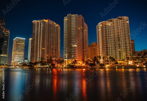 country skyline at night city buildings Brickell key florida  miami building  reflections 