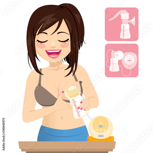 Young happy smiling woman choosing using automatic breast pumper with pump icon elements