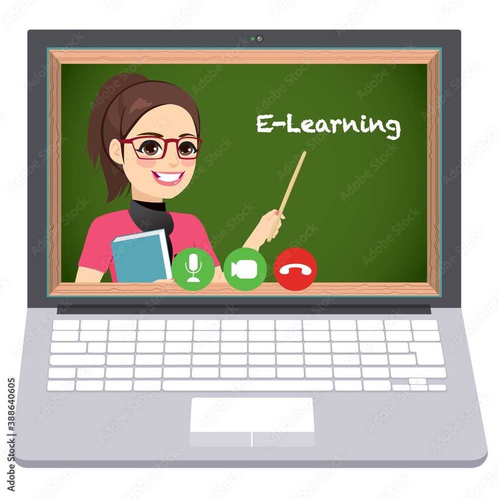 Online e-learning female teacher inside of computer virtual modern video classroom conference Online e-learning female teacher inside of computer virtual modern video classroom conference