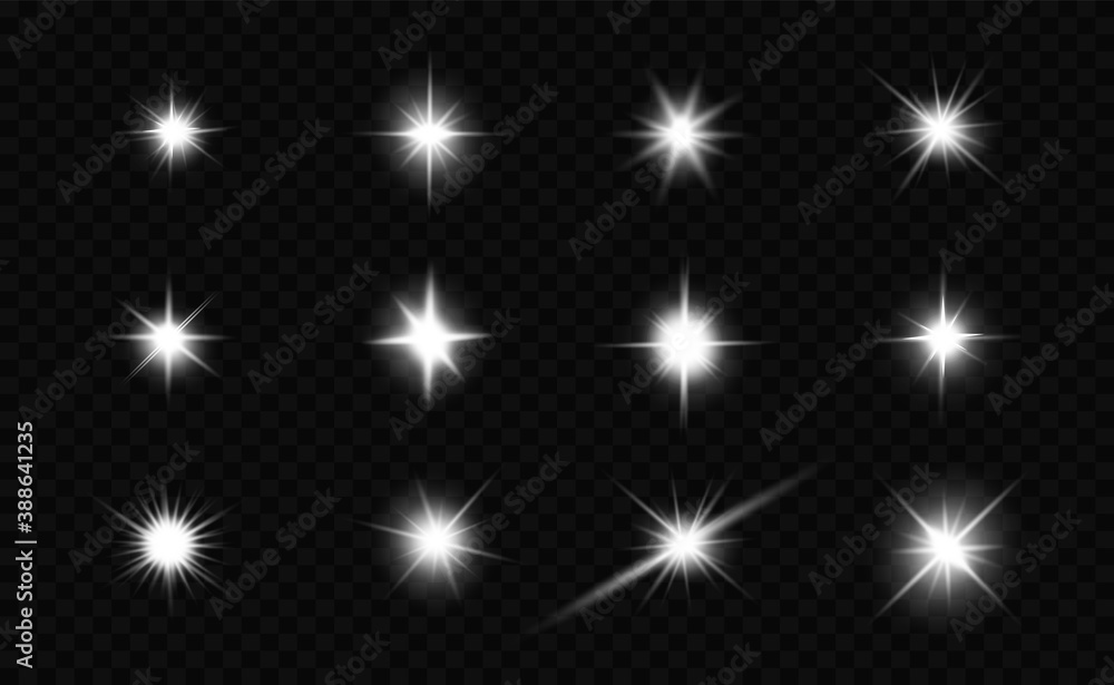 Glow isolated white light effect set, lens flare, explosion, glitter, line, sun flash and stars. Abstract special effect element design. Shine ray with lightning. Set of gold bright beautiful stars Glow isolated white light effect set, lens flare, explosion, glitter, line, sun flash and stars. Abstract special effect element design. Shine ray with lightning. Set of gold bright beautiful stars