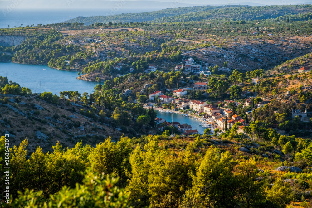Bobovisca Na Moru village aerial view, Island of Brac, Dalmatia, Croatia. August 2020