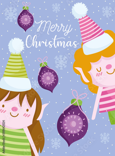 merry christmas, cute helpers with balls greeting card cartoon