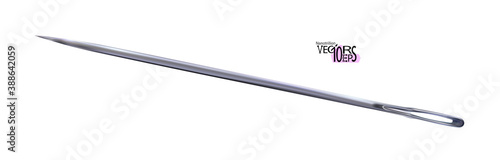 Chrome 3d realistic sewing needle isolated on a white background. Embroidery tool, tailoring accessories. Fashion needlework and art craft. Vector illustration.