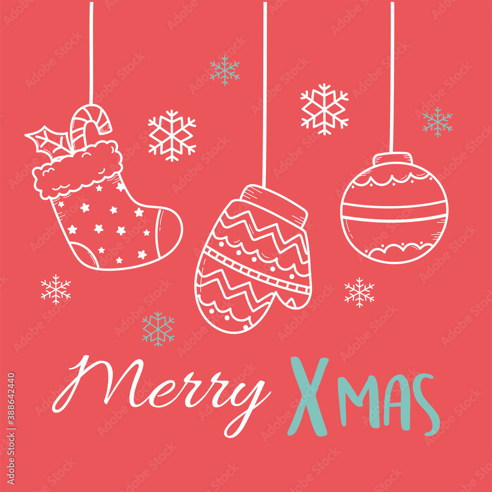 merry xmas red background with hanging mitten sock and ball decoration