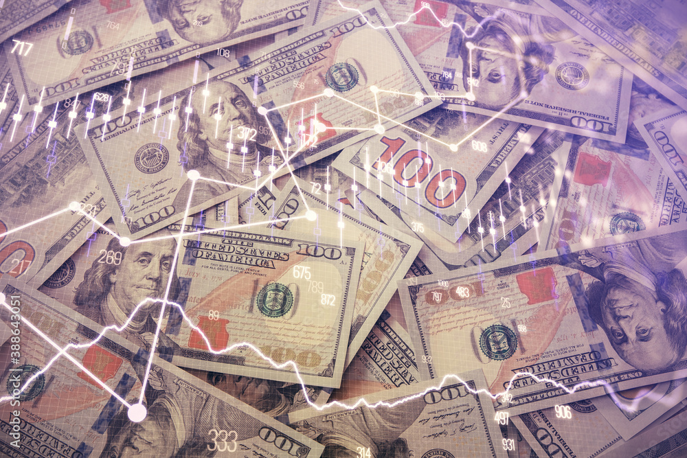 Multi exposure of forex chart drawing over us dollars bill background. Concept of financial success markets. Multi exposure of forex chart drawing over us dollars bill background. Concept of financial success markets.