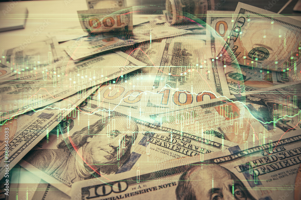 Multi exposure of forex chart drawing over us dollars bill background. Concept of financial success markets. Multi exposure of forex chart drawing over us dollars bill background. Concept of financial success markets.