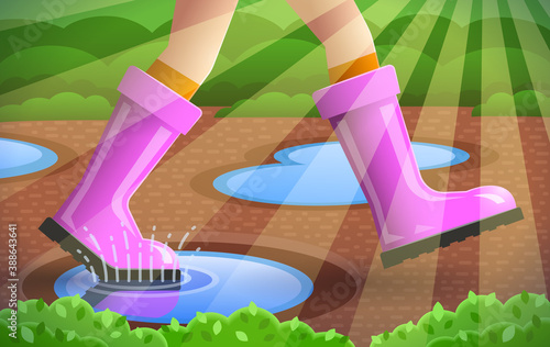 Legs of walking person over spring background, season specifics