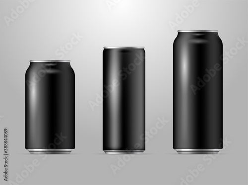 Realistic Black Vector Can Set, 3d Illustration of bottles Collection, Drink bottles, Coffee, Beer, Cola, Soda