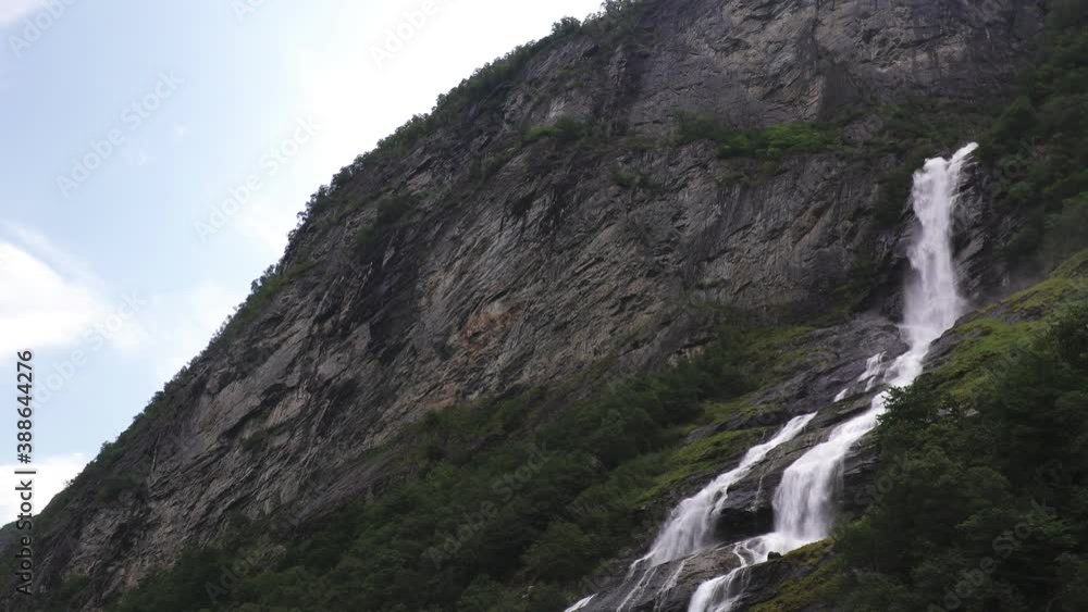 Panoramic drone landscape of Geiranger fjords, Geirangerfjord, Norway Panoramic drone landscape of Geiranger fjords, Geirangerfjord, Norway
