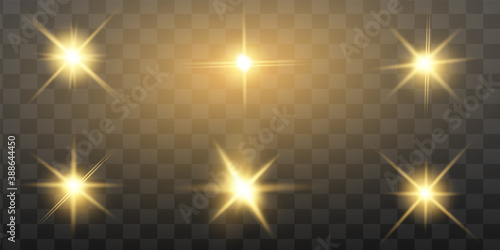 Glow isolated yellow light effect set, lens flare, explosion, glitter, line, sun flash and stars. Abstract special effect element design. Shine ray with lightning. Set of gold bright beautiful stars