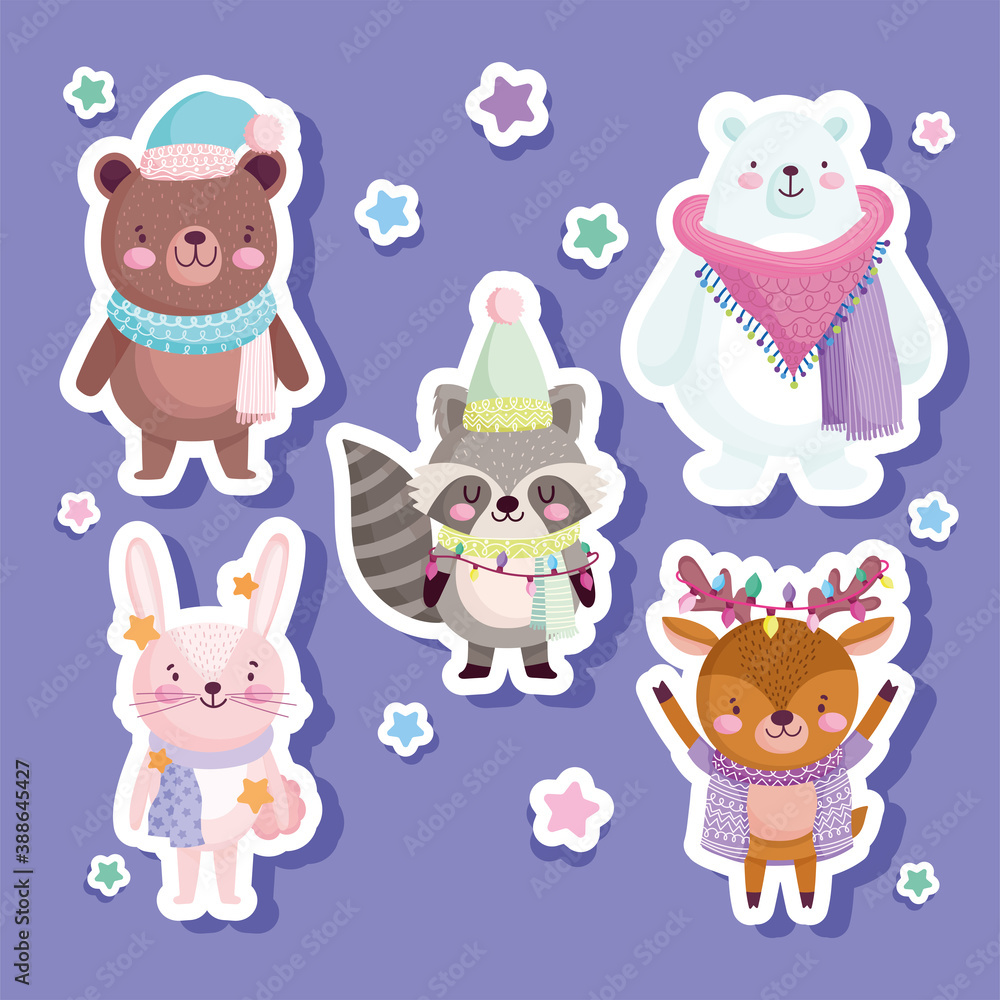 merry christmas, cute bear rabbit reindeet raccoon animal stars, stickers