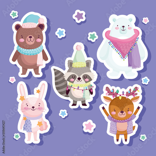 merry christmas, cute bear rabbit reindeet raccoon animal stars, stickers