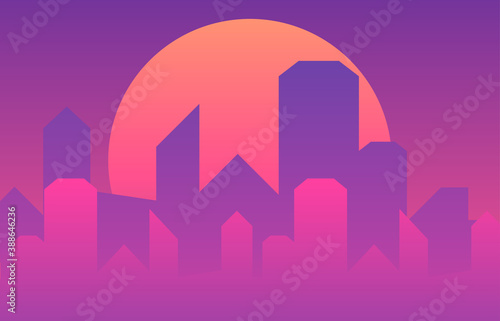 Cool retro futuristic synthwave background cityscape and gigantic pink planet or sun silhouette. Vector flat design on dark sci-fi megalopolis huge skyscrapers
