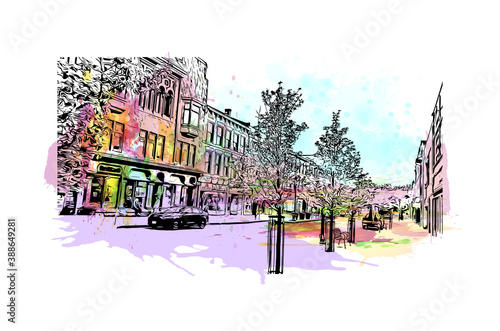 Building view with landmark of Cambridge is a city in  Canada. Watercolor splash with hand drawn sketch illustration in vector. photo