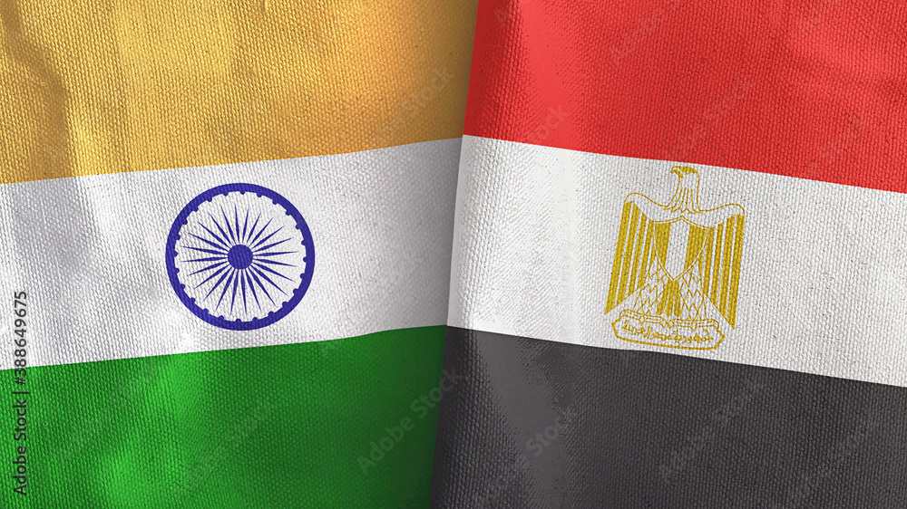 Egypt and India two flags textile cloth 3D rendering