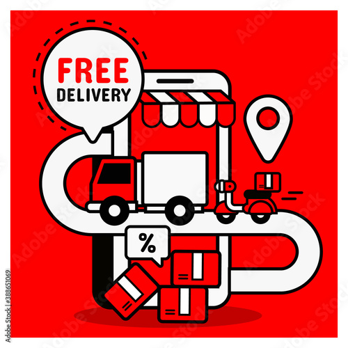 Free delivery from online shopping. Mobile shopping concept. Vector illustration
