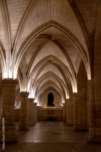 The arched ceiling of the Conciergerie, a former prison in Paris, France, which once housed Marie Antoinette.
