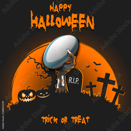Happy Halloween. Zombie hand from the grave holding a rugby ball. Pumpkins, spooky tree, crosses, coffin and bats. Pattern for banner, poster, party invitation. Vector illustration