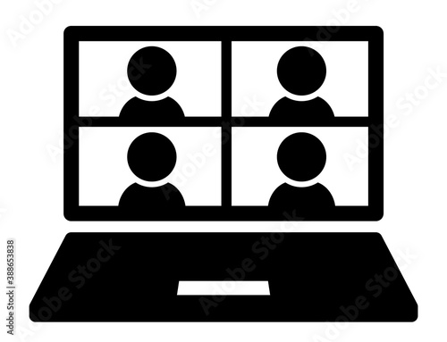 ノートPCでの4分割オンライン会議のシンプルなアイコン/白背景