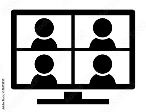 デスクトップパソコンでの4分割オンライン会議のシンプルなアイコン/白背景