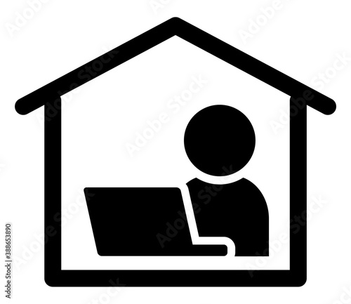 自宅でノートPCを使用する人物のシンプルなアイコン/白背景