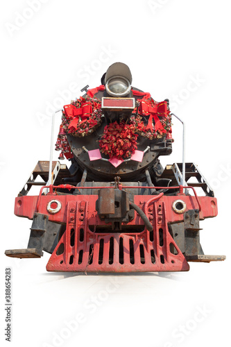Fototapeta Naklejka Na Ścianę i Meble -  Old steam locomotive with the red decorations isolated on the white background, front view.