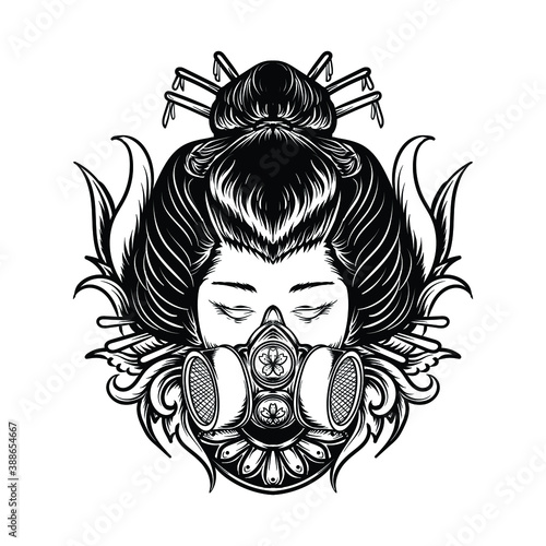 tattoo and t-shirt design geisha wit gas mask engraving ornament premium vector