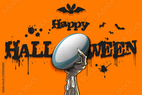 Happy Halloween. Zombie hand is holding a rugby ball. Template rugby design. Grunge style. Pattern for banner, poster, greeting card, flyer, party invitation. Vector illustration
