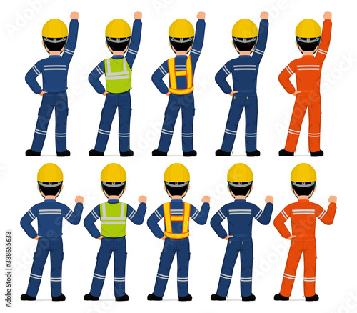 Set of industrial worker raising clench hand on white background